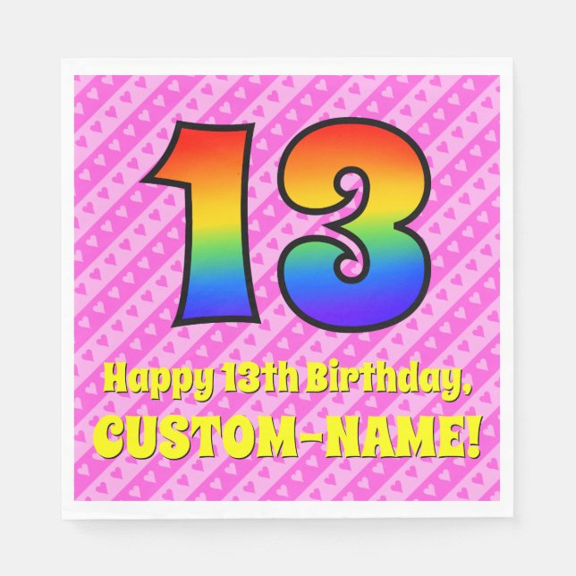 Serviette En Papier 13e anniversaire : Pink Stripes & Hearts, Arc en c (Devant)