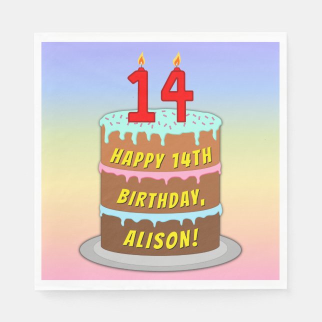 Serviette En Papier 14e anniversaire : Fun Cake and Candles + Nom pers (Devant)