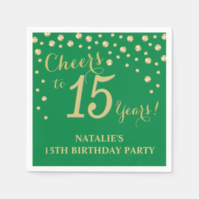Serviette En Papier 15e anniversaire de fête Green et Gold Diamond Nap (Devant)