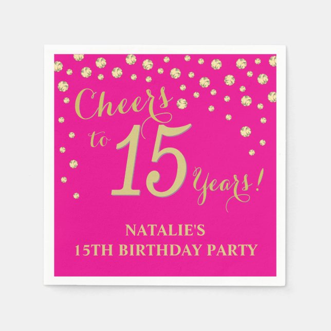 Serviette En Papier 15e anniversaire fête Hot rose et Gold Diamond (Devant)