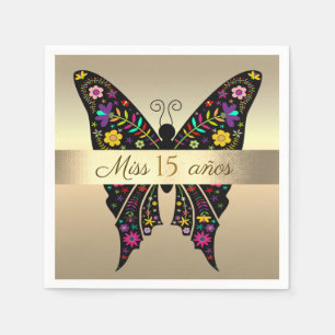 Serviette En Papier 15e anniversaire, papillon coloré feuille d'or