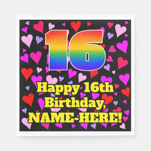 Serviette En Papier 16e anniversaire : Amour Hearts Motif, Arc-en-ciel (Devant)