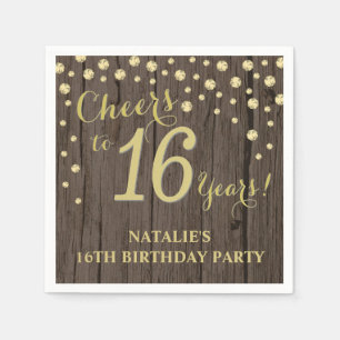 Serviette En Papier 16e Anniversaire du Rustic Wood and Gold Diamond N