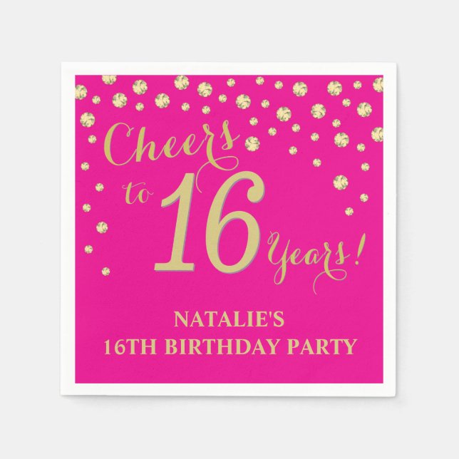 Serviette En Papier 16e anniversaire fête Hot rose et Gold Diamond (Devant)