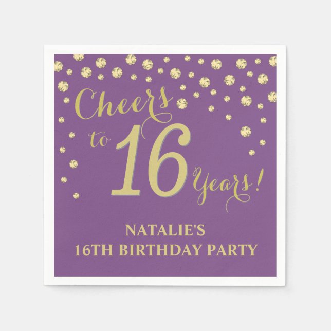 Serviette En Papier 16e anniversaire fête violet et diamant d'or (Devant)