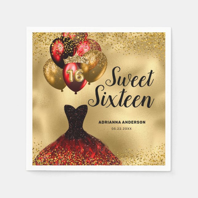 Serviette En Papier 16e anniversaire Glam Gold Red Parties scintillant (Devant)