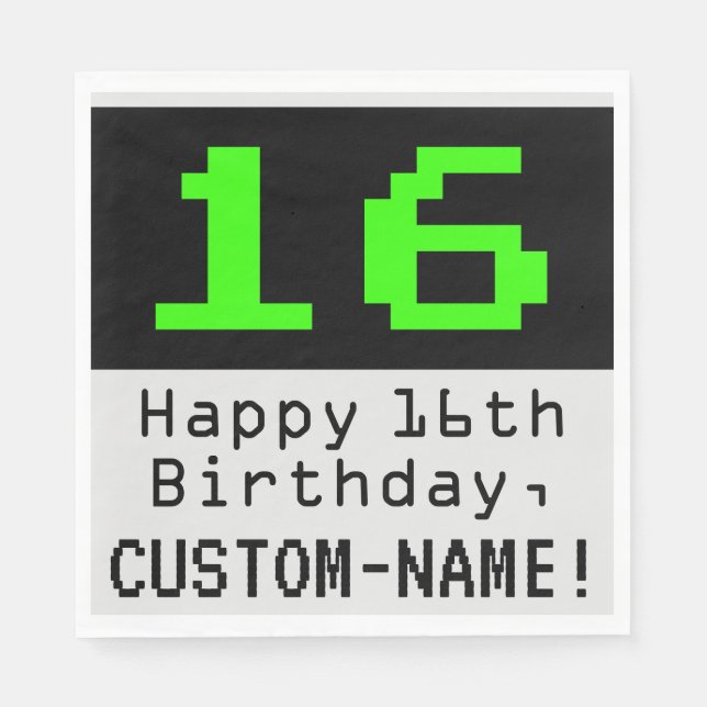 Serviette En Papier 16e anniversaire - Nerdy / Geeky Style "16" & Nom (Devant)