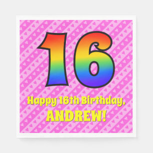 Serviette En Papier 16e anniversaire : Pink Stripes & Hearts, Rainbow 