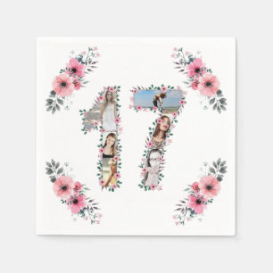 Serviette En Papier 17e anniversaire fille Fleur Photo Collage blanc