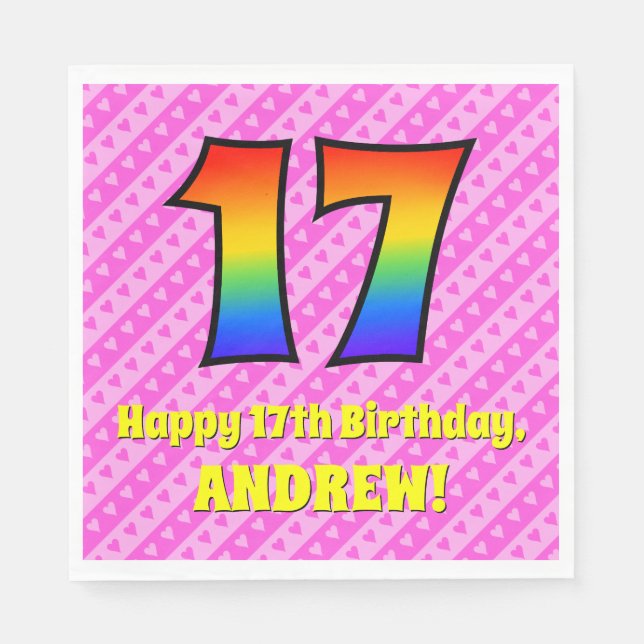 Serviette En Papier 17e anniversaire : Pink Stripes & Hearts, Arc en c (Devant)