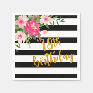 Serviette En Papier 18e anniversaire Napkin - Flore noir/blanc rayures