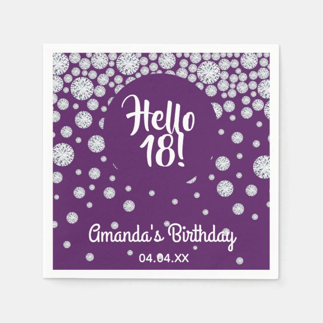 Serviette En Papier 18e anniversaire violet bonjour 18 diamants nom (Devant)