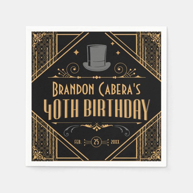 Serviette En Papier 1920 Art Déco Black & Gold 40e anniversaire (Devant)