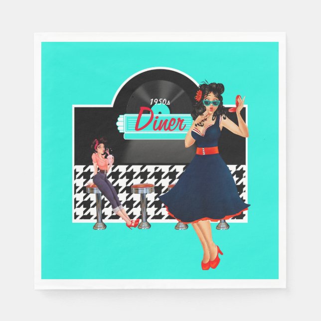 Serviette En Papier 1950 Diner turquoise noir & blanc à damiers rétro (Devant)