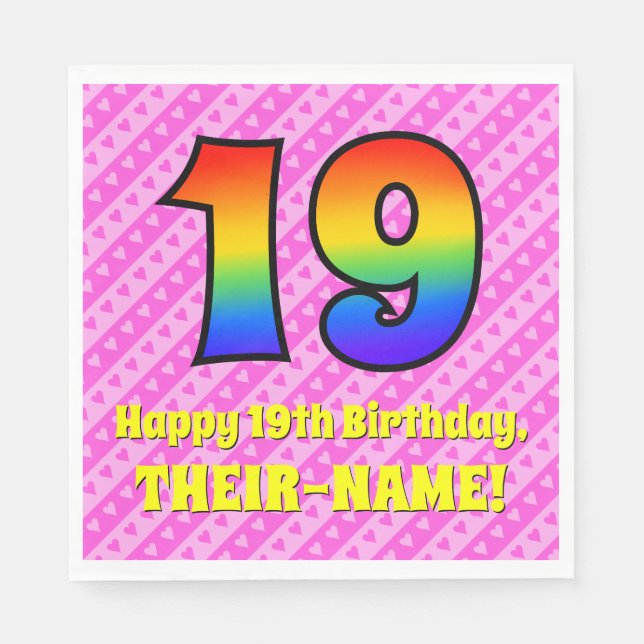 Serviette En Papier 19e anniversaire : Pink Stripes & Hearts, Arc-en-c (Devant)