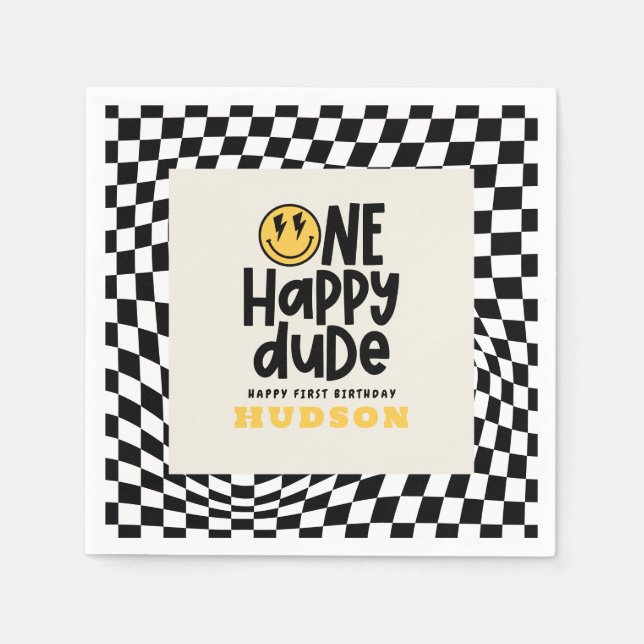 Serviette En Papier 1anniversaire sourire visage rétro noir blanc supe (Devant)