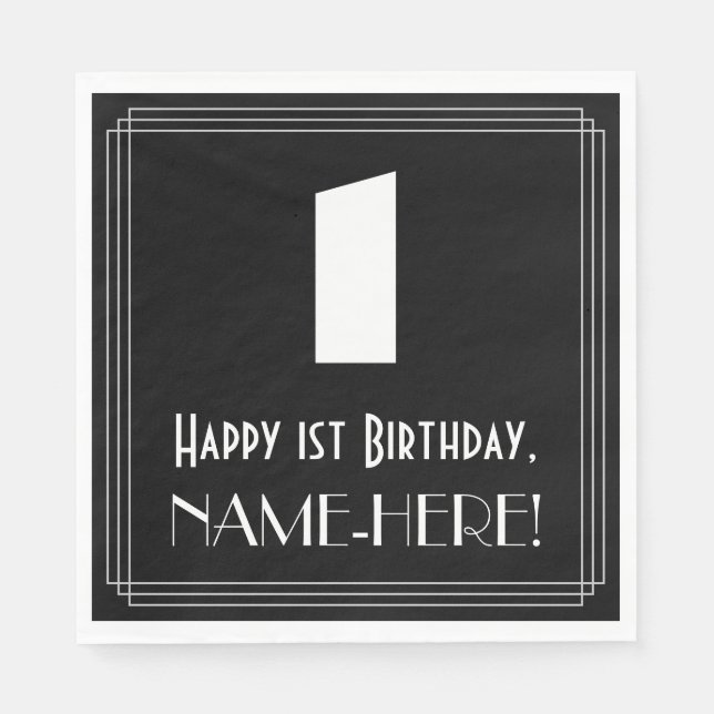 Serviette En Papier 1er anniversaire : Art Déco Inspiré Look "1" + Nom (Devant)