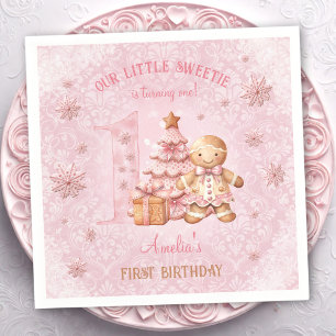 Serviette En Papier 1er anniversaire Gingerbread Man Girl Pink Noël