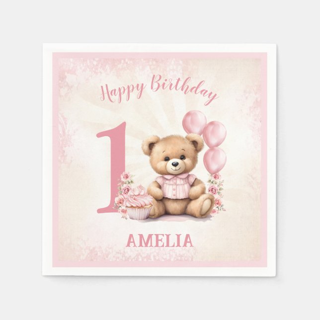 Serviette En Papier 1er anniversaire Pink Teddy Bear Papier Napkins (Devant)