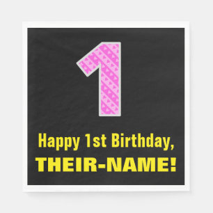 Serviette En Papier 1er Anniversaire : Rayures roses et cœurs "1" + No