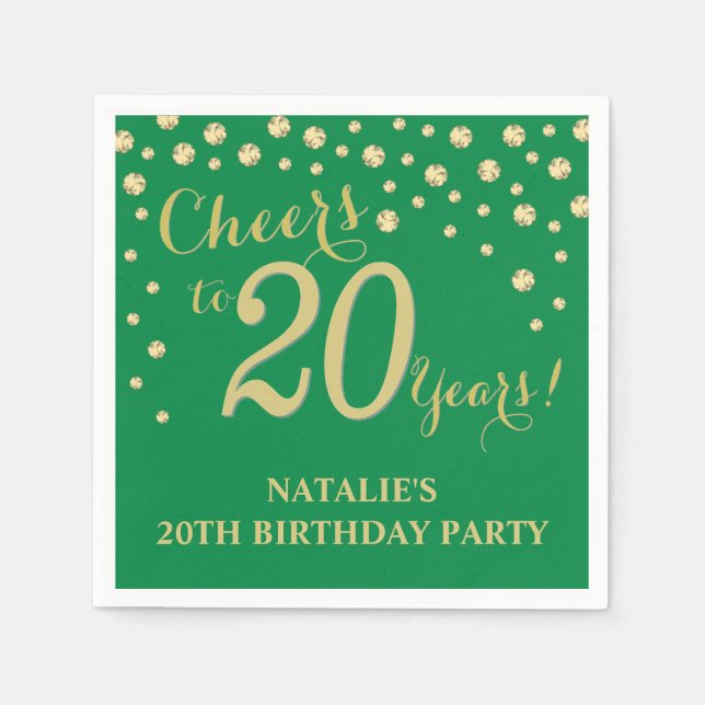 Serviette En Papier 20e anniversaire de fête Green et Gold Diamond Nap (Devant)