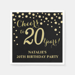 Serviette En Papier 20e anniversaire de la fête Black and Gold Diamond