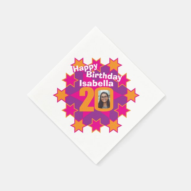 Serviette En Papier 20e anniversaire photo et nom rose étoiles serviet (Coin)