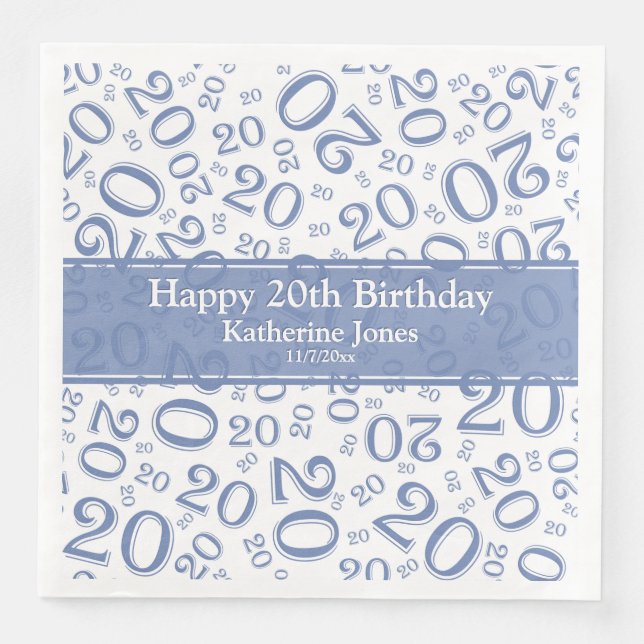 Serviette En Papier 20e anniversaire Random Number Motif Bleu/Blanc (Devant)