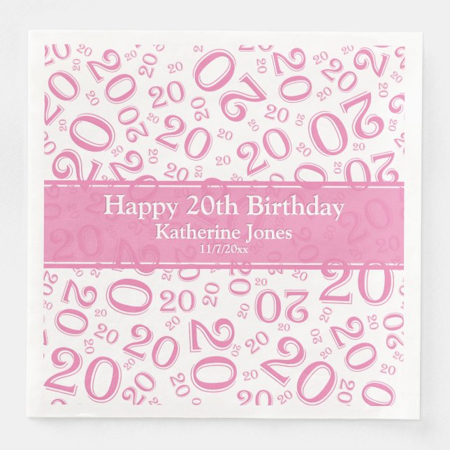 Serviette En Papier 20e anniversaire Random Number Motif rose/blanc (Devant)