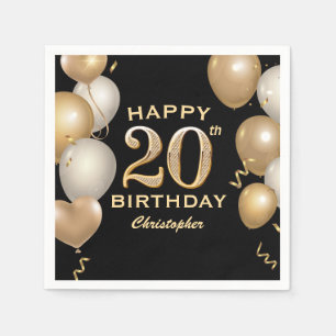 Serviette En Papier 20e fête d'anniversaire Ballons Noir et Or