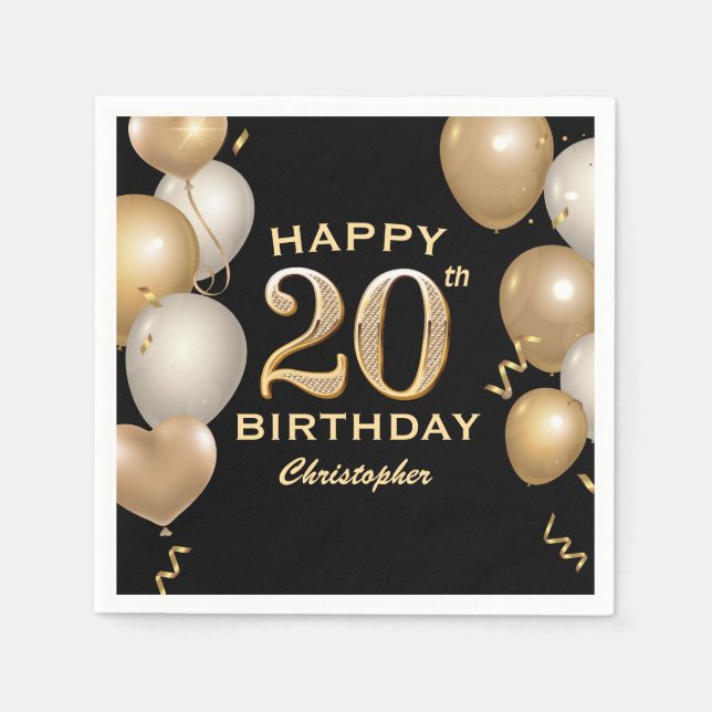 Serviette En Papier 20e fête d'anniversaire Ballons Noir et Or (Devant)