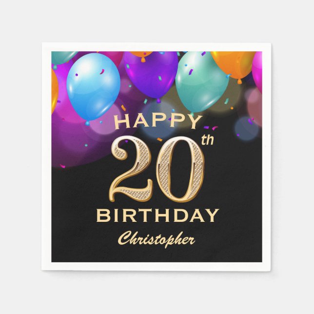 Serviette En Papier 20e fête d'anniversaire Ballons Noir et Or (Devant)