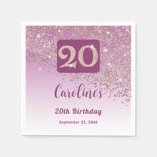 Serviette En Papier 20th Birthday Party Sparkling Rose Gold Glitter (Devant)