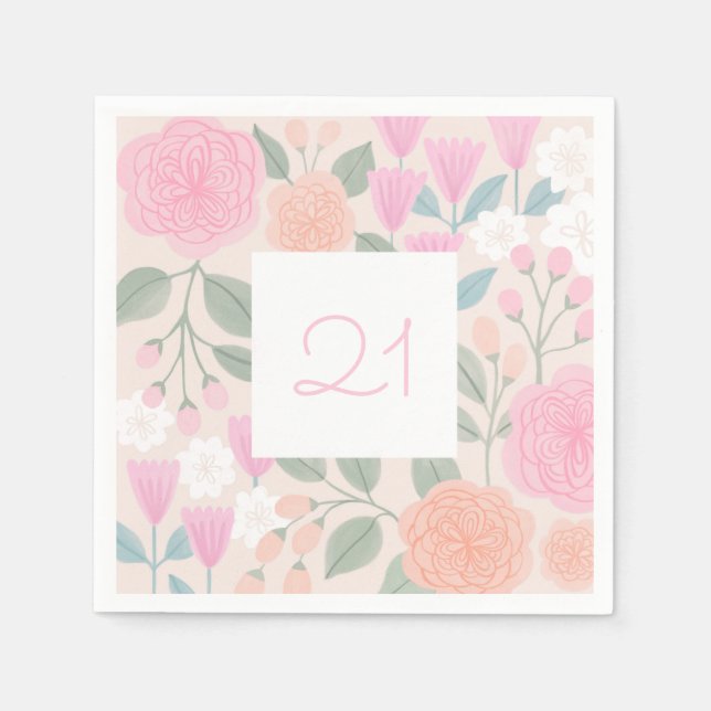 Serviette En Papier 21 Anniversaire Jolie florale rose Pêche Illustrat (Devant)