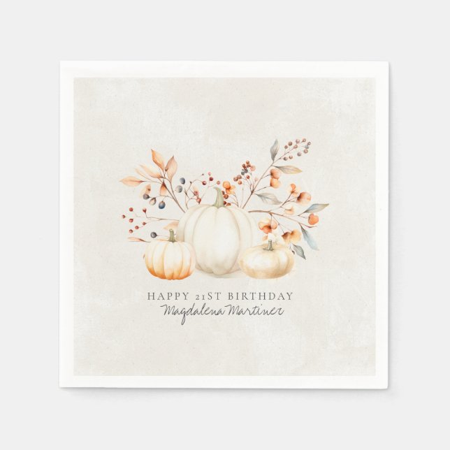 Serviette En Papier 21e Anniversaire Blanc Citrouille Automne Feuilles (Devant)