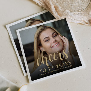 Serviette En Papier 21e anniversaire de fête Photo Gold Script Cheers