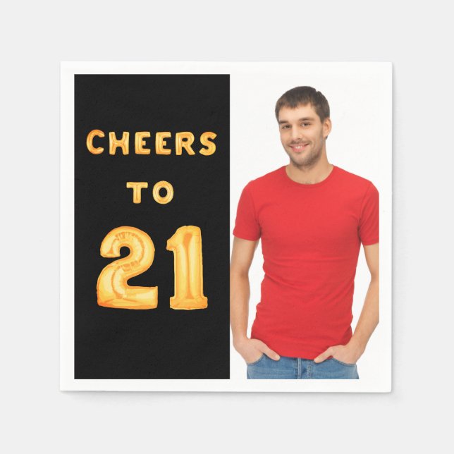 Serviette En Papier 21e anniversaire fête noir or photo mec (Devant)