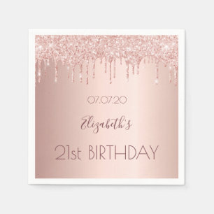 Serviette En Papier 21e anniversaire fête rose gouttes d'or