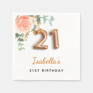 Serviette En Papier 21e anniversaire floral rose or eucalyptus monogra