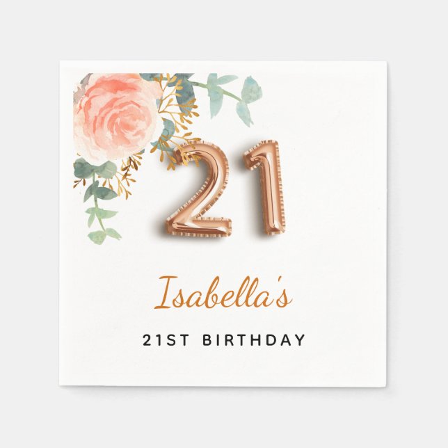 Serviette En Papier 21e anniversaire floral rose or eucalyptus monogra (Devant)