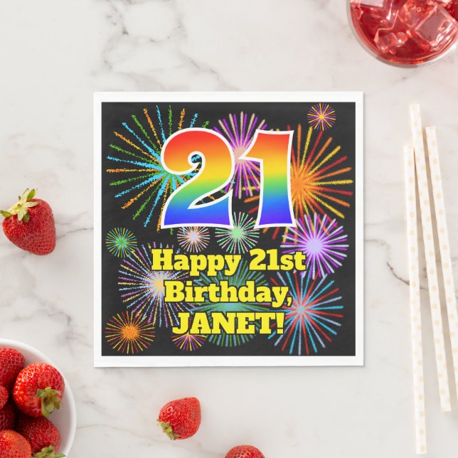 Serviette En Papier 21e anniversaire : Fun Motif Fireworks + Rainbow 2 (En situation)