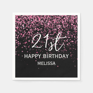 Serviette En Papier 21e Anniversaire noir Parties scintillant rose cha