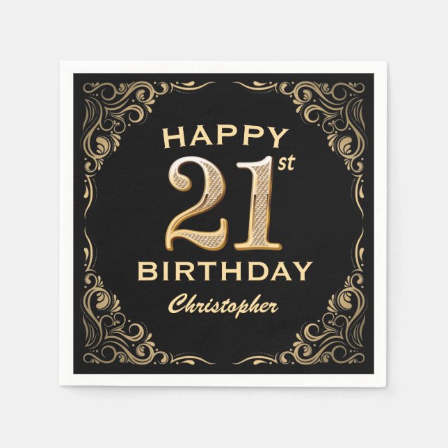 Serviette En Papier 21e anniversaire Parties scintillant noir et or ca (Devant)