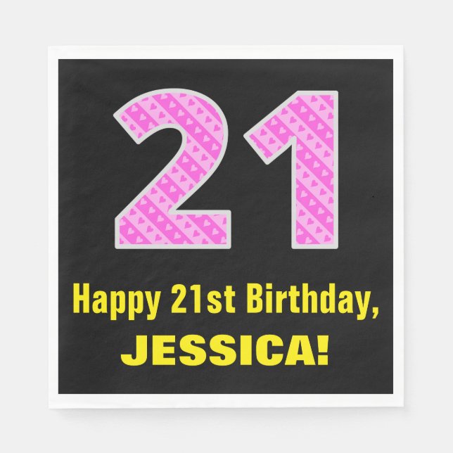 Serviette En Papier 21e anniversaire : Pink Stripes and Hearts "21" +  (Devant)