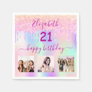 Serviette En Papier 21e anniversaire rose holographique nom photo