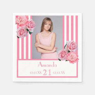 Serviette En Papier 21e anniversaire rose rayures fleurie nom photo