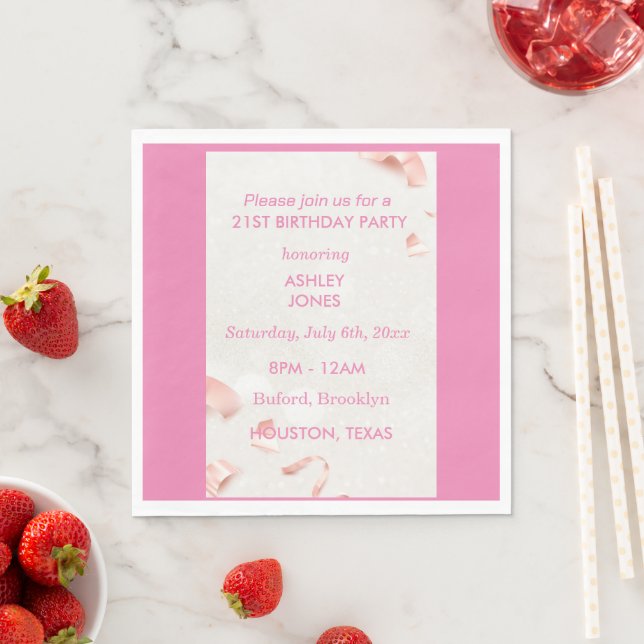 Serviette En Papier 21e anniversaire Rose rose or | Invitation de part (En situation)