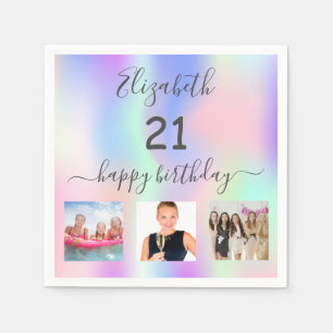 Serviette En Papier 21e anniversaire rose violet photo holographique