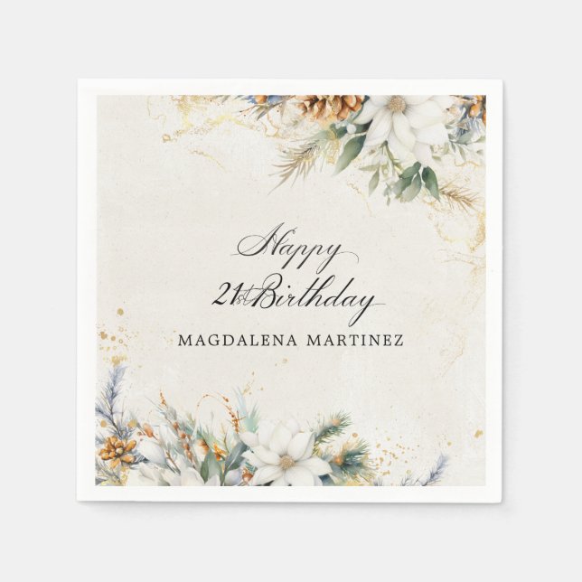 Serviette En Papier 21e fête d'anniversaire Blanc hiver Floral personn (Devant)