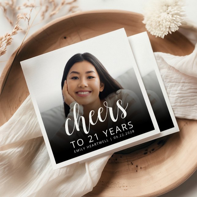 Serviette En Papier 21e fête d'anniversaire Photo White Script Cheers (Créateur téléchargé)